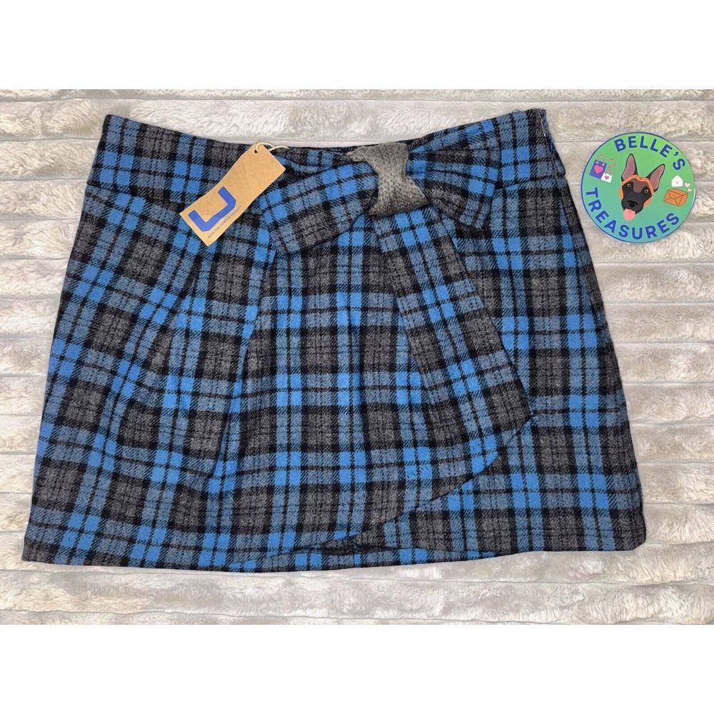 Adolfo Dominguez NWT Womens 8/10 Blue Tartan Mini Skirt Bow Accent Wool Blend